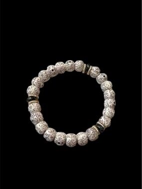 White Speckled Bead Stretch Bracelet with Metallic Accents - Women's Jewelry